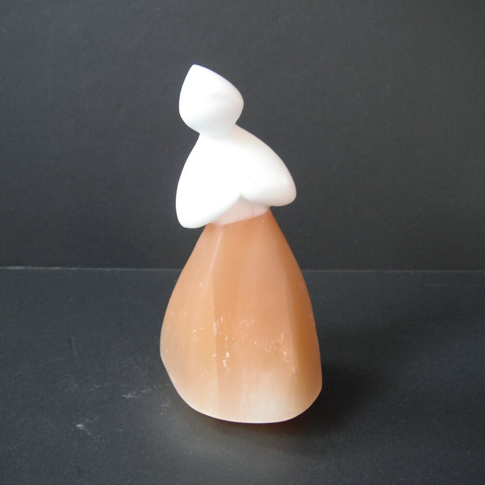 Vintage 1970's Praying Woman Moonstone & Calcite Hand Carved Stone Figurine 4"